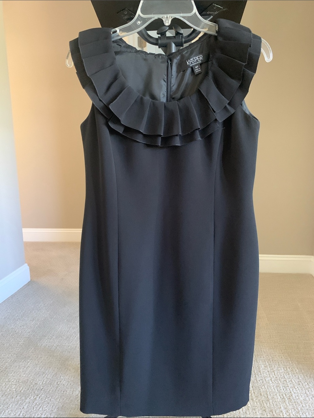 Kasper Black Midi Cocktail Sheath Dress with Ruffle Collar Size 4P